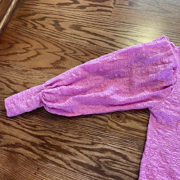 FREE PEOPLE PINK LACE bubble sleeve crop top circular open back elasticized Med - Picture 11 of 15